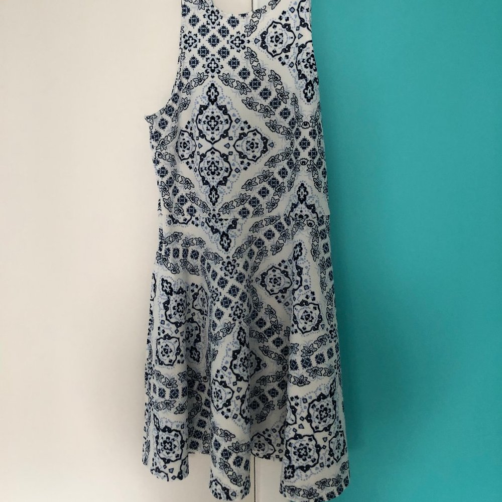 White and blue floral patterned dress